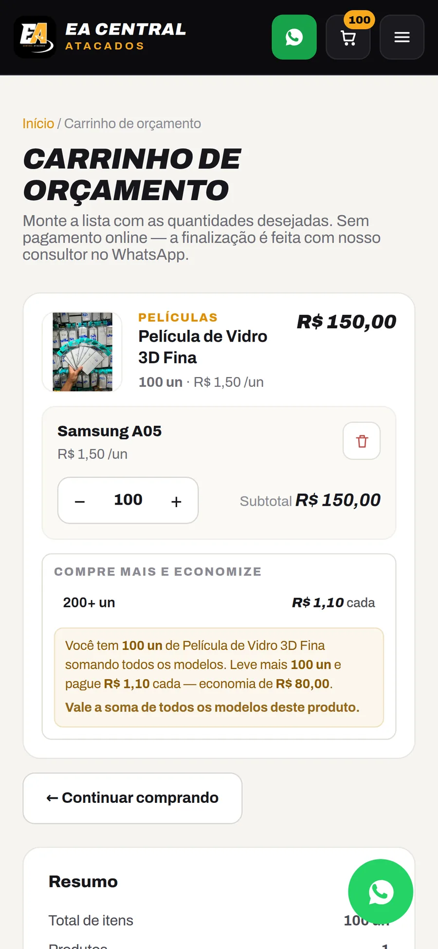 Carrinho de orçamento do EA Central no celular, com faixa de preço por quantidade