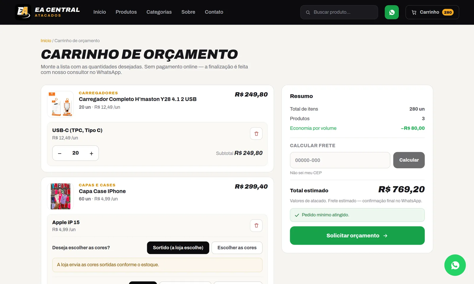 Resumo do carrinho do EA Central mostrando economia por volume, total estimado e o aviso de pedido mínimo atingido