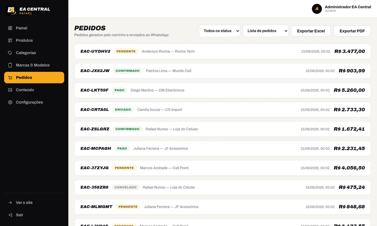 Painel do EA Central com a lista de pedidos de atacado, status de cada um e botões de exportar para Excel e PDF