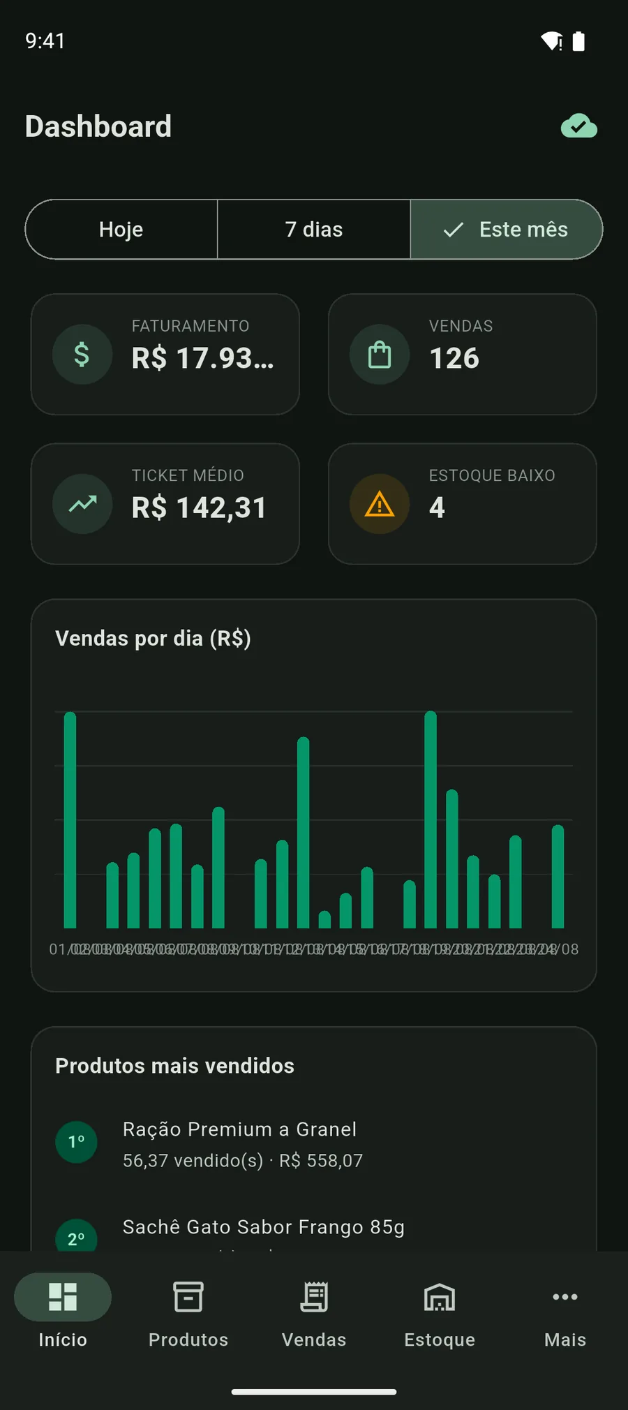 Painel do app Vendaí no celular, em tema escuro, com faturamento, vendas e gráfico do mês